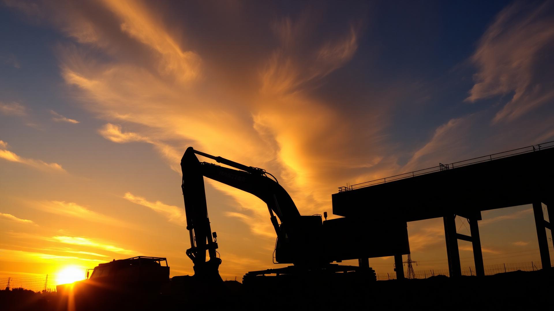 Excavator silhouetted against a sunset
